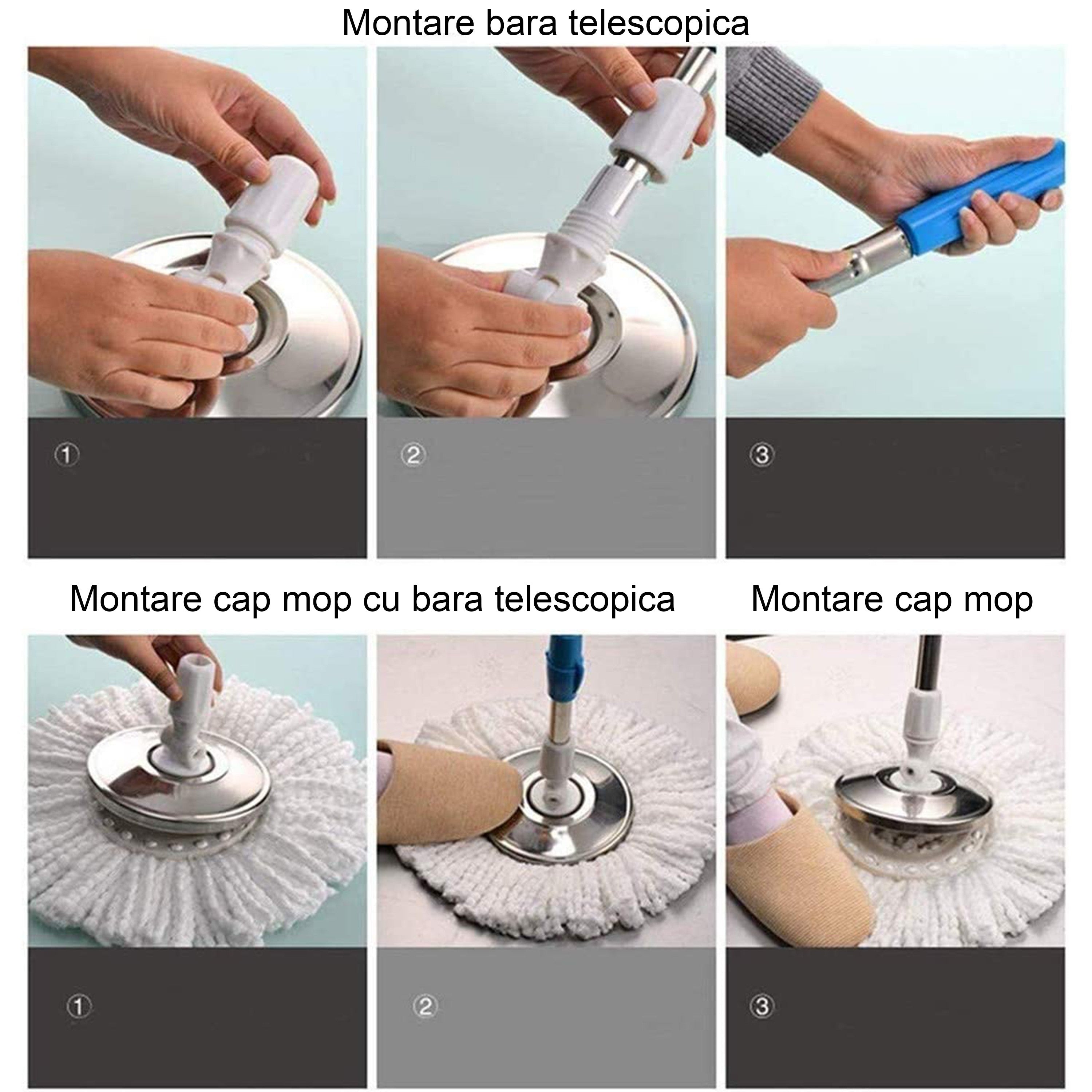 Set Mop Magic Rotativ 360° cu Talpă și Cuvă din Inox, 4 Rezerve Diferite + Perie Rosturi, Covoare Incluse + CADOU SURPRIZA
