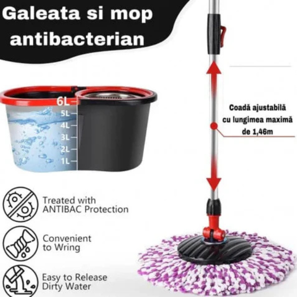 Set Mop Magic Rotativ 360° cu Talpă și Cuvă din Inox, 4 Rezerve Diferite + Perie Rosturi, Covoare Incluse + CADOU SURPRIZA